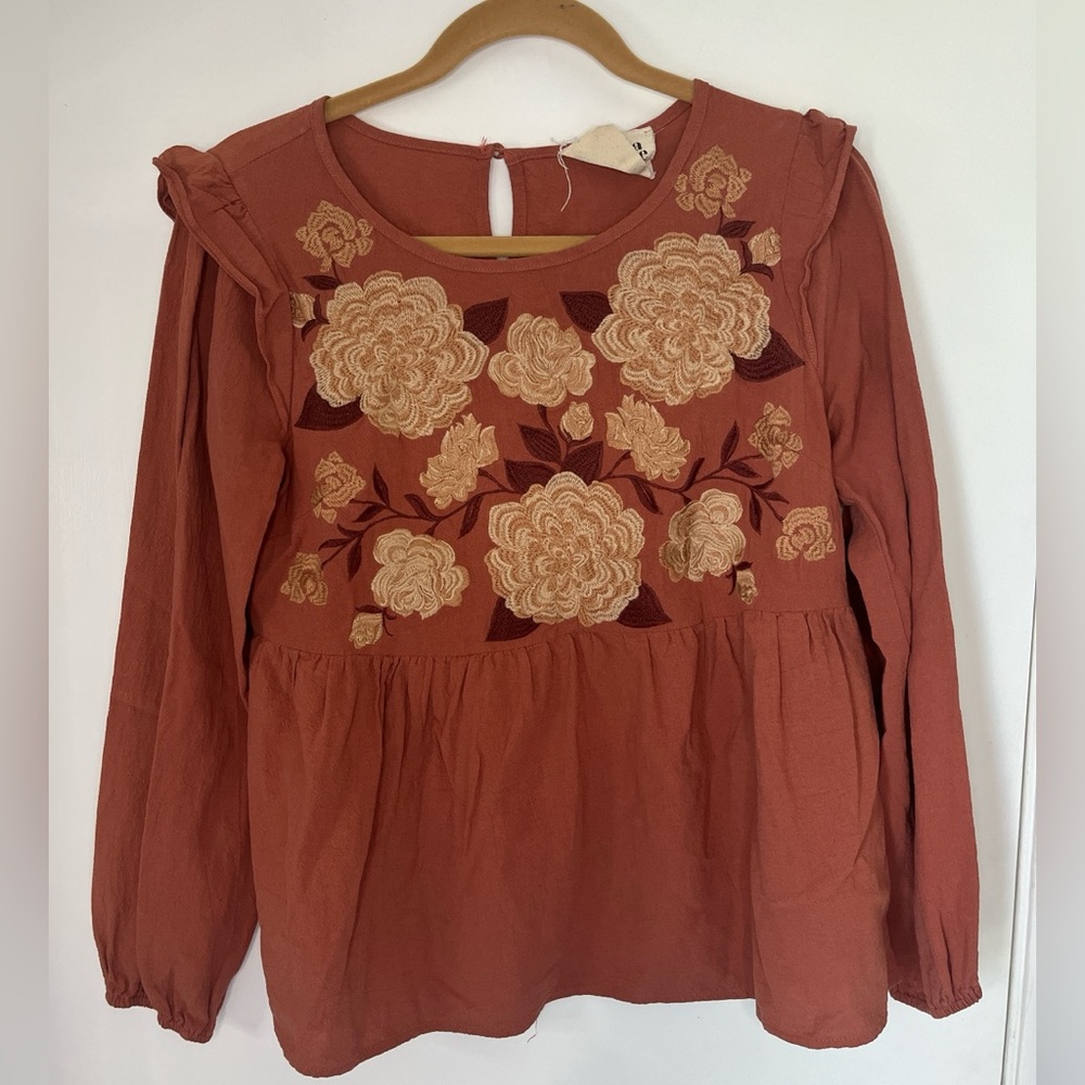 Savanna Jane Rust Long-Sleeve Floral Embroidered Peplum Top